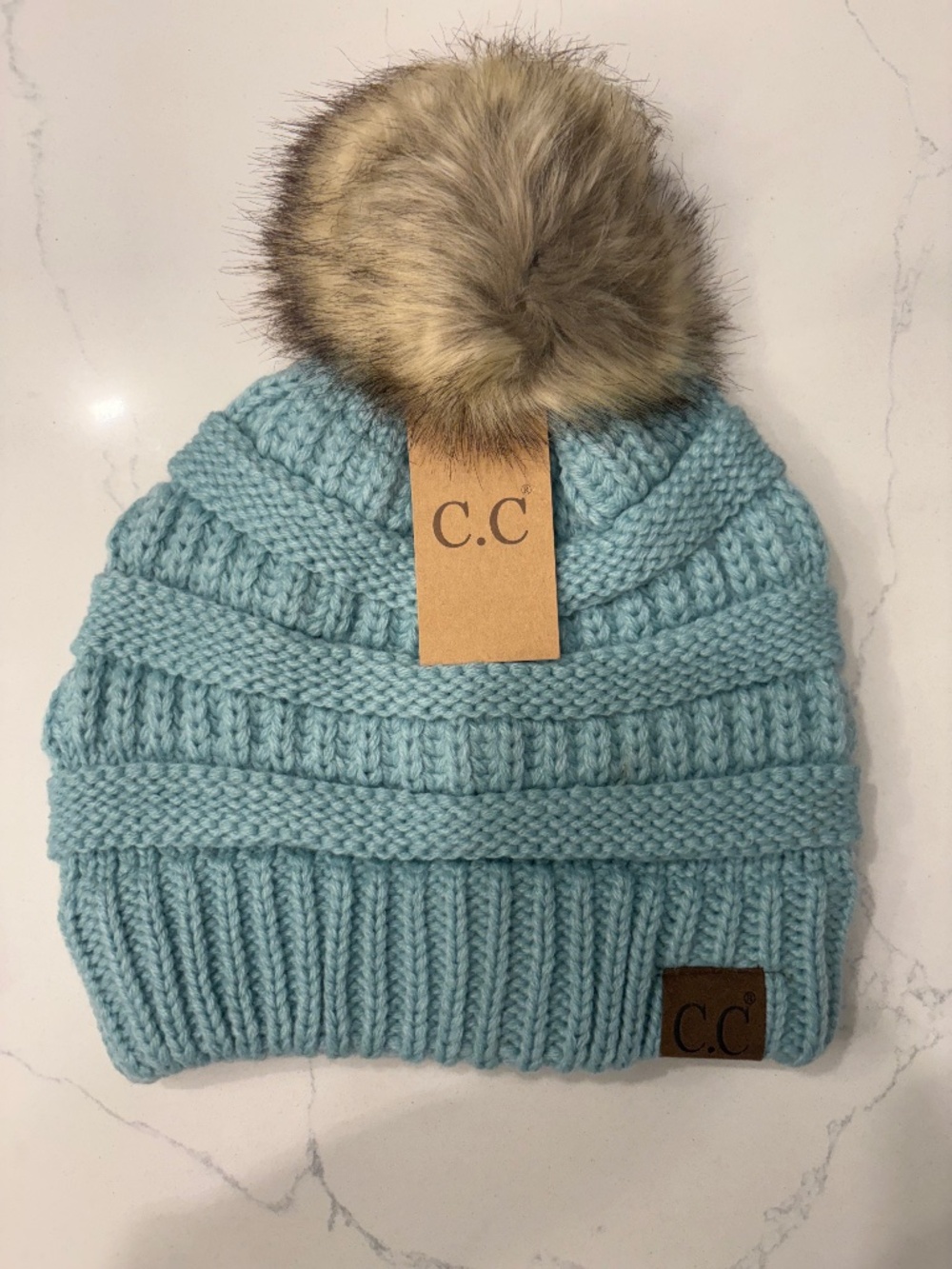 C.C Mint Ribbed Hat With Faux Fur Pom